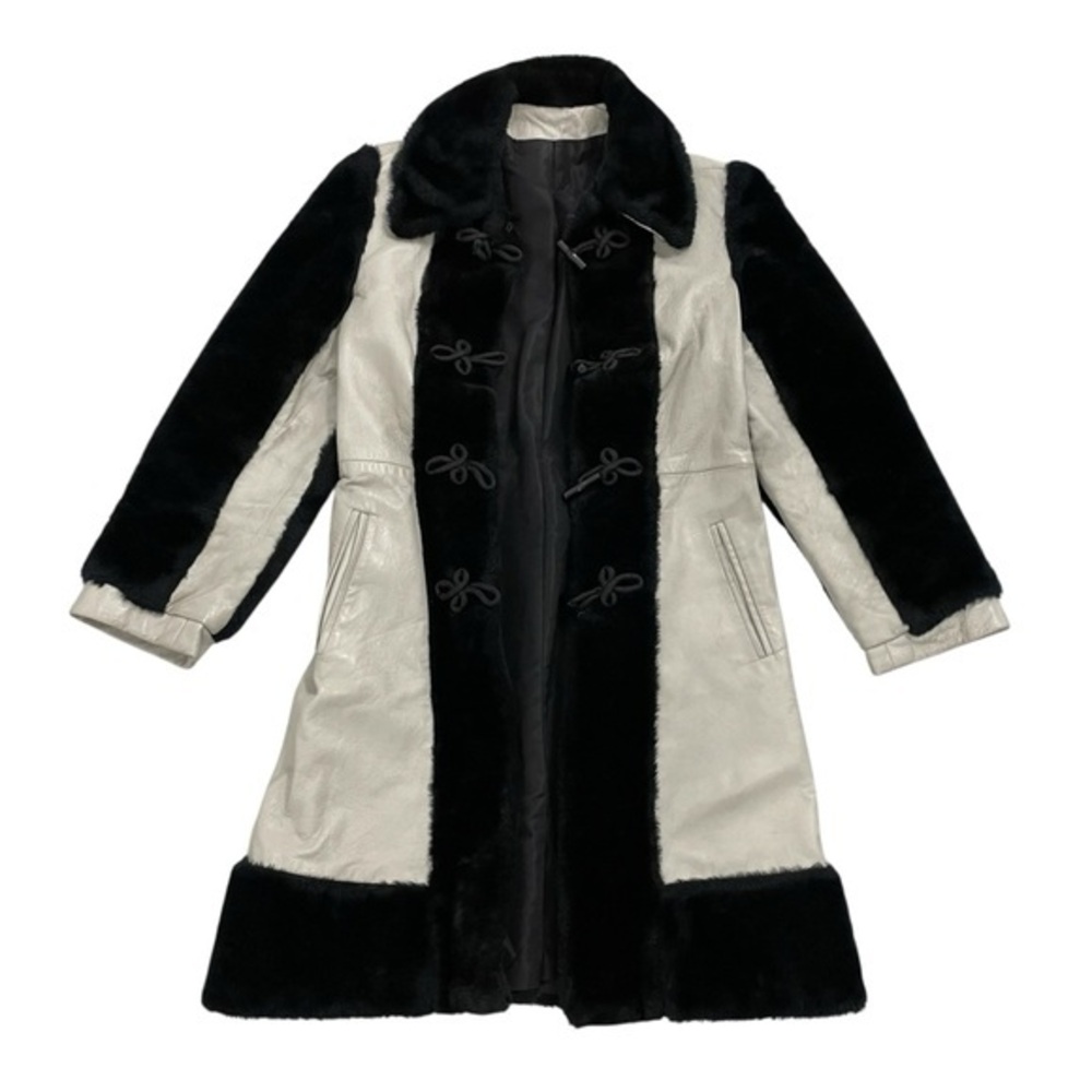 Vintage Midi Length Leather Coat Faux Fur Trim Fisherman Toggle Buttons